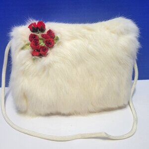 Vintage Small White Furry Muff with Red Velvet Flowers